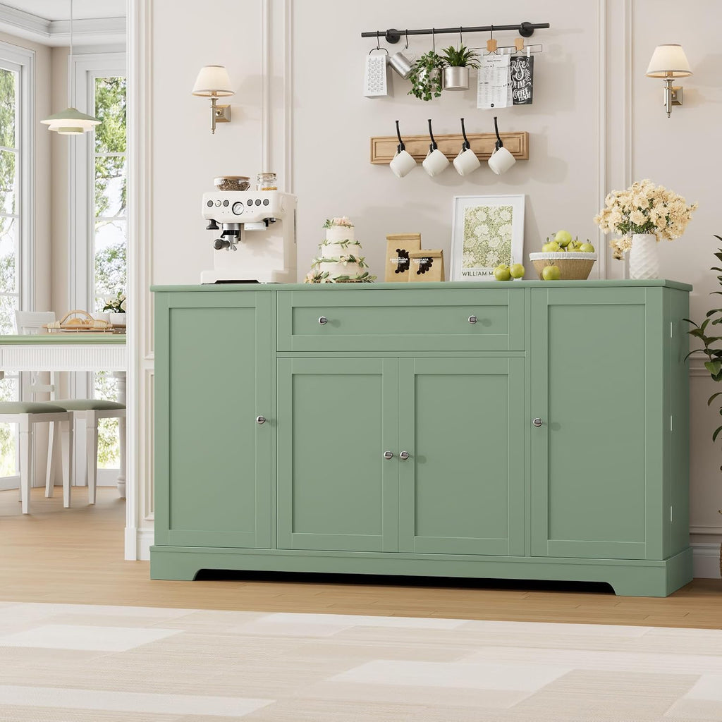 HITHOS 54" Buffet Cabinet with Storage, Modern Kitchen Buffet Sideboard with Drawer, Wood Coffee Bar Station with Adjustable Shelves, Kitchen Storage Cabinet for Living Room, Green
