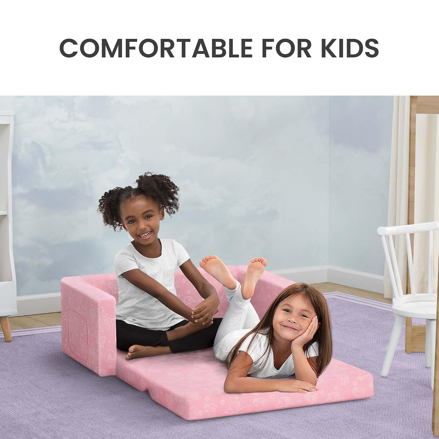 Serta Perfect Sleeper Personalized Extra Wide Convertible Sofa to Lounger, Comfy 2-in-1 Flip Open Couch/Sleeper for Kids, Pink