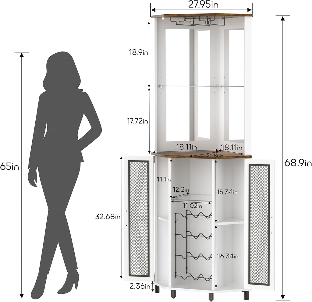 Oransail 68.9“ Tall Corner Bar Cabinet, Wine Bar with LED Light and Mirror, Farmhouse Liquor Cabinet with Adjustable Shelf & Glass Rack, for Dining Room, Living Room