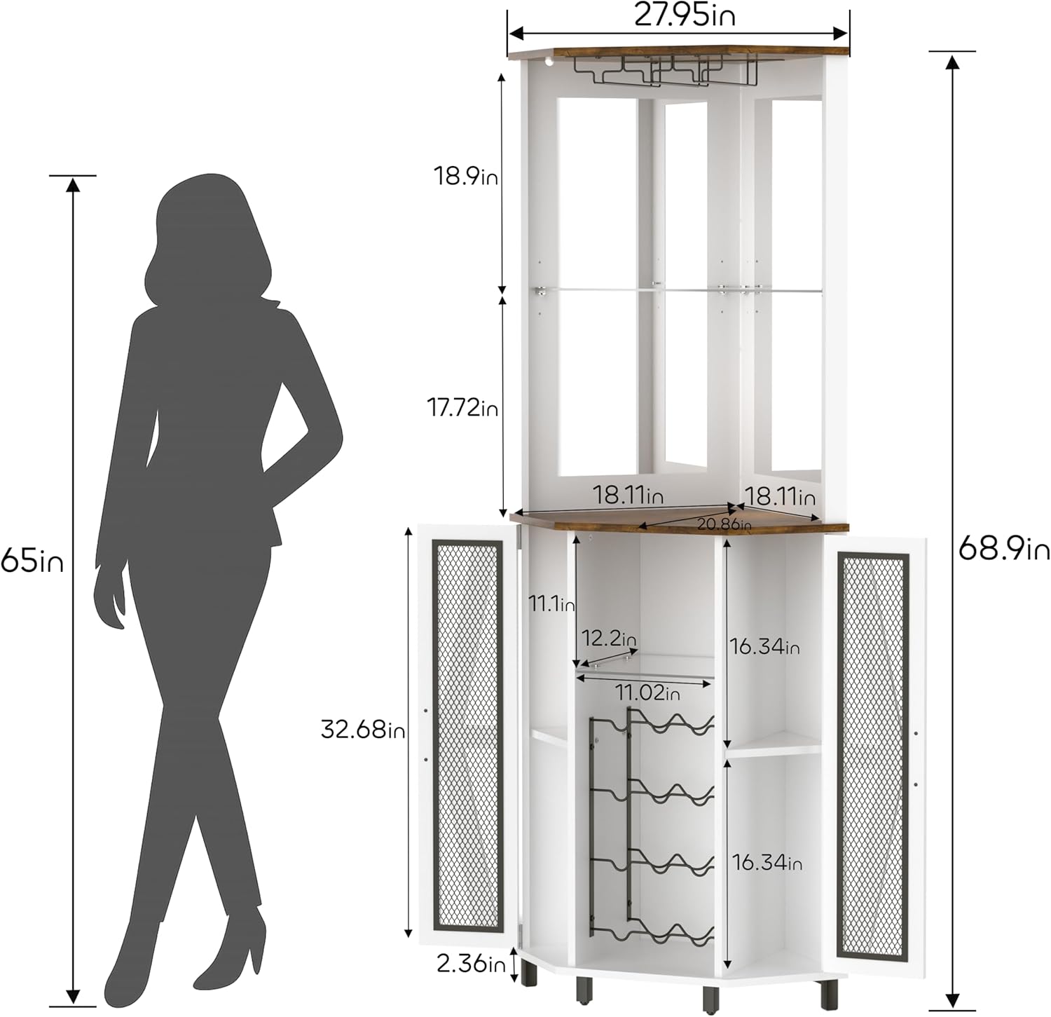 Oransail 68.9“ Tall Corner Bar Cabinet, Wine Bar with LED Light and Mirror, Farmhouse Liquor Cabinet with Adjustable Shelf & Glass Rack, for Dining Room, Living Room