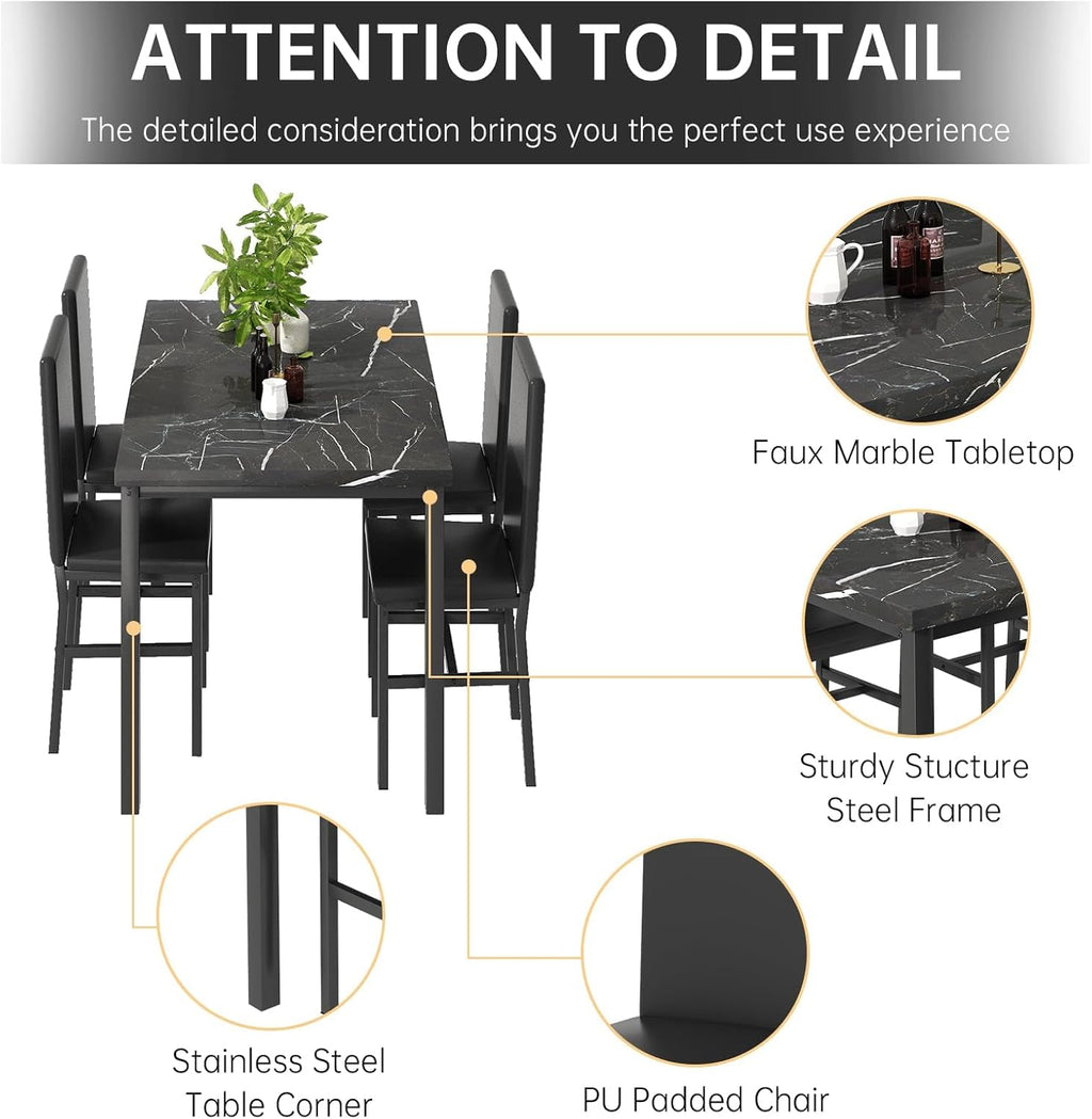 AWQM 5 Piece Dining Table Set for 4,Faux Marble Kitchen Table and Chairs for 4, Modern Dining Room Table with 4 Chairs,Dinner Table Set for Small Spaces, Black