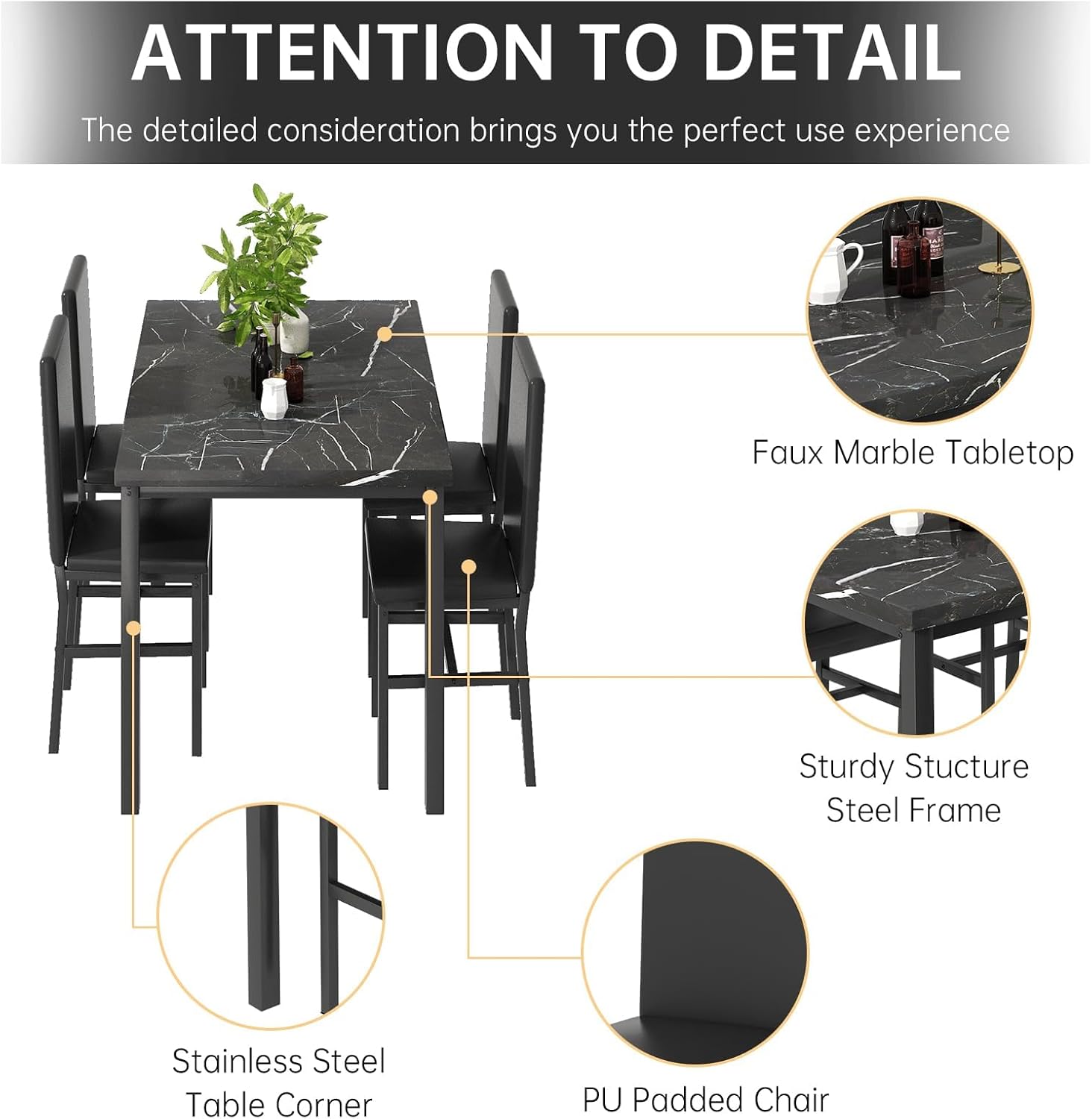 AWQM 5 Piece Dining Table Set for 4,Faux Marble Kitchen Table and Chairs for 4, Modern Dining Room Table with 4 Chairs,Dinner Table Set for Small Spaces, Black