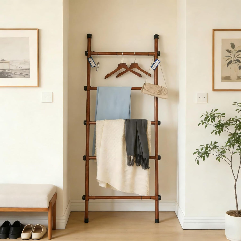 SIBRAD Expandable Blanket Ladder for Living Room, Adjustable Width (17.3"-32.3") Tall Metal Quilt Rack Wall Leaning, Rustic Brown Wood Grain 5-Tier Blanket Holder, Heavy Duty 45 Lbs Capacity