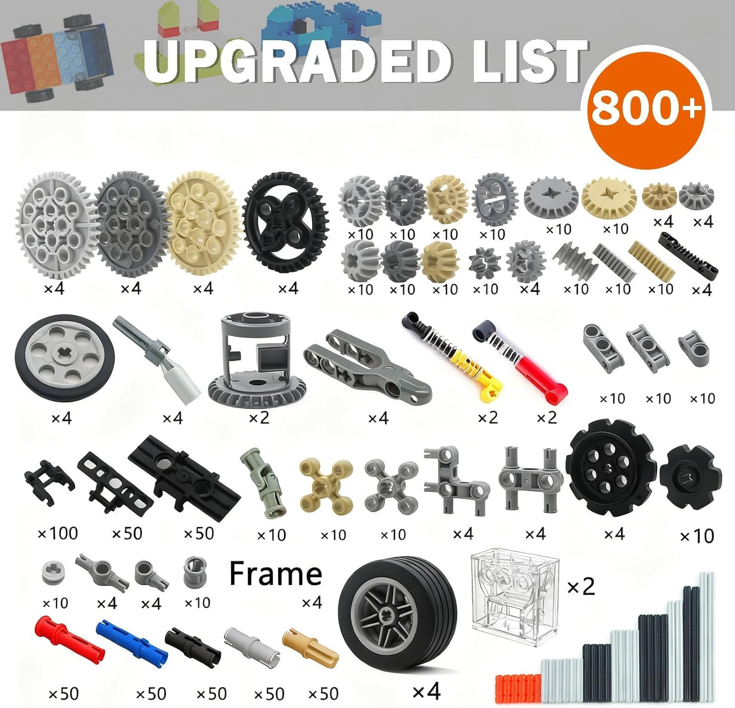 MALEKO Technical Gears-Axles-Pins-Wheel Set, 800+ Piece Technical Parts Compatible with Major Brands, Building Block Accessories Kit-Motor, Wheels, Chain Link Connector, Tires