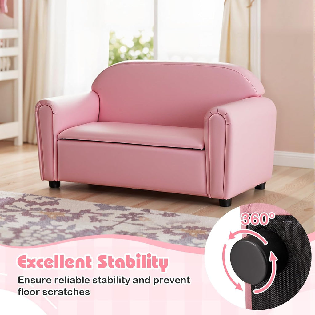 HONEY JOY Kids Sofa, 2 Seats Couch Armrest Chair, Toddler Lounge Bed with Wood Frame, Storage Box, Children Sized Sofa for Living Room, Bedroom (Pink)