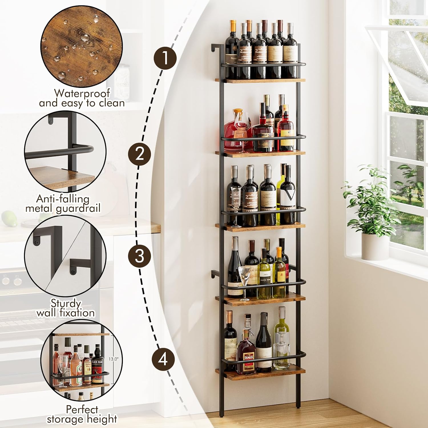 5-Tier Wine Rack Wall Mounted, Wine Racks Freestanding Floor with Fences, 50 Bottles Wine Bottle Holder Liquor Cabinet Bar Shelves for Home, Kitchen, Dining Room (Brown)