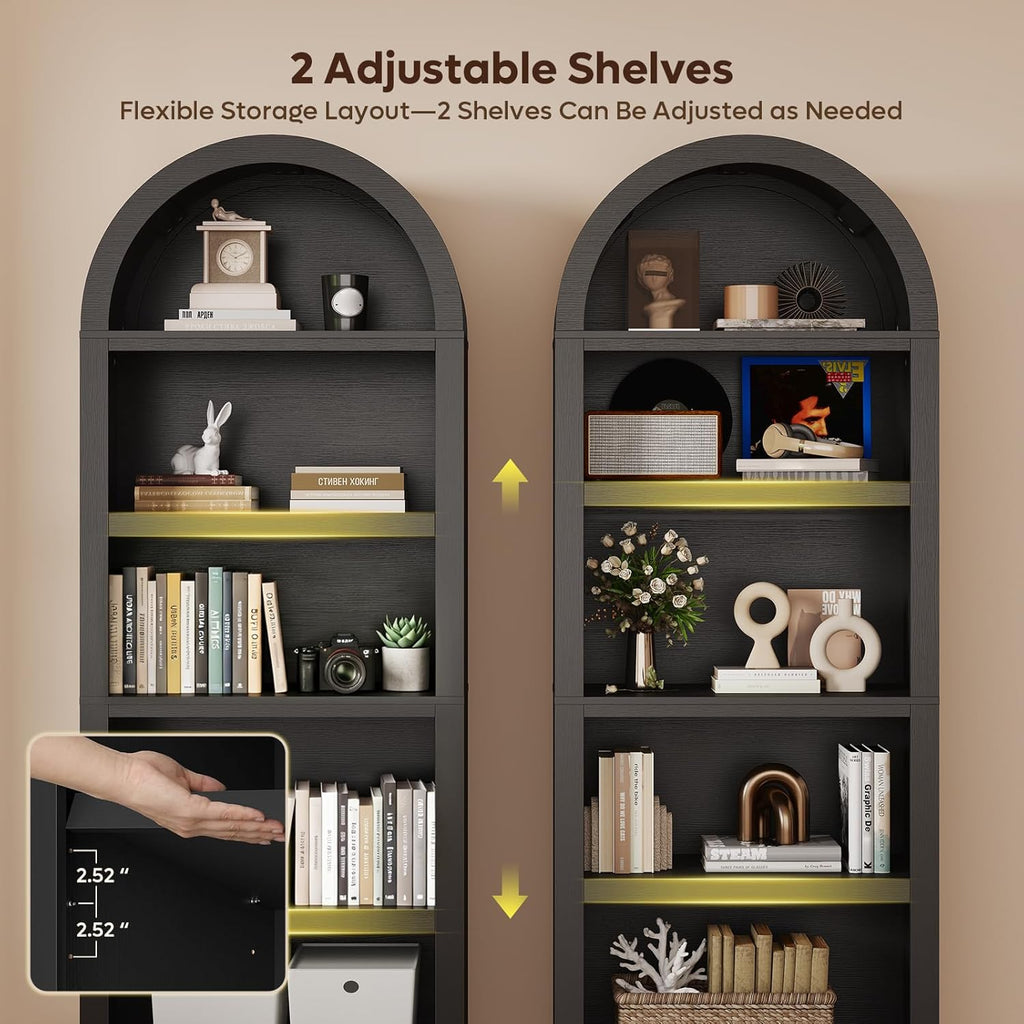 Bestier 76" Tall Arched Bookshelf, 5 Tier Arched Bookcase with Adjustable Book Shelves, Large Arch Wood Bookshelf, Modern Farmhouse Open Display Tall Bookcase for Bedroom, Home Office, Bedroom, Black