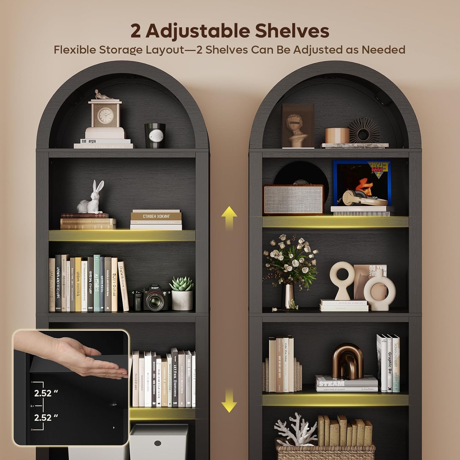 Bestier 76" Tall Arched Bookshelf, 5 Tier Arched Bookcase with Adjustable Book Shelves, Large Arch Wood Bookshelf, Modern Farmhouse Open Display Tall Bookcase for Bedroom, Home Office, Bedroom, Black
