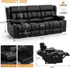 Dresegmt Loveseat Recliner Sofa, Flip Middle Backrest Design PU Leather 3 Seat Reclining Sofa with Storage Drawer, Manual Couch for Living Room/RV (Black, PU)