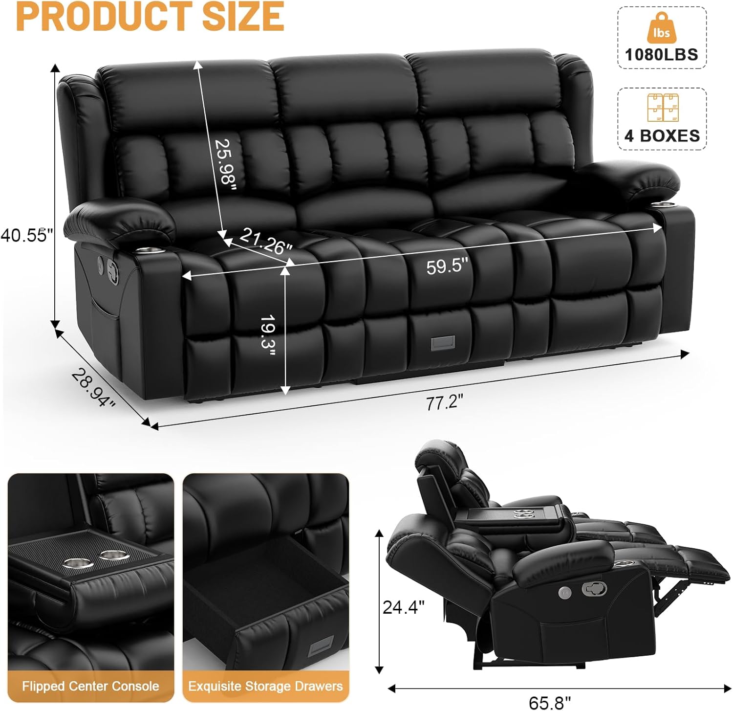 Dresegmt Loveseat Recliner Sofa, Flip Middle Backrest Design PU Leather 3 Seat Reclining Sofa with Storage Drawer, Manual Couch for Living Room/RV (Black, PU)