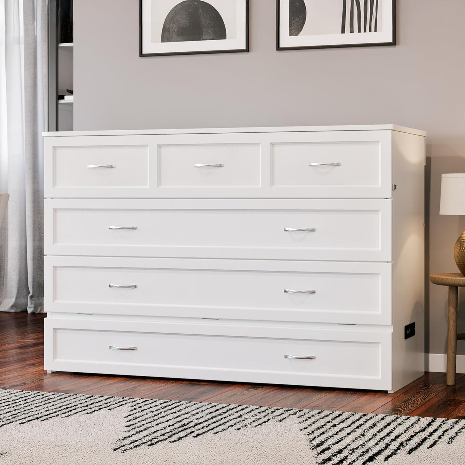 AFI, Northfield Murphy Bed Chest Queen with 6" Mattress, Storage Drawer & Built-in USB Charger, White