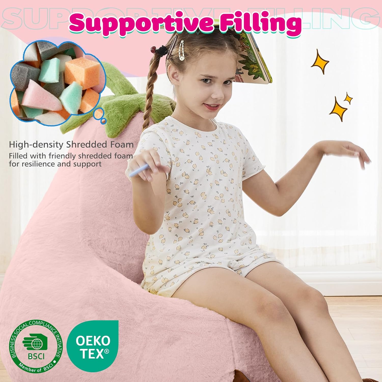 DUMOS Kids Bean Bag Chair, Stuffed Toddler Couch with Faux Rabbit Fur Cover for Teens & Kids, Comfy Lazy Sofa Chair for Reader, Living Room, Bedroom, Aged 4-12 Years, 31 Inch, Pink