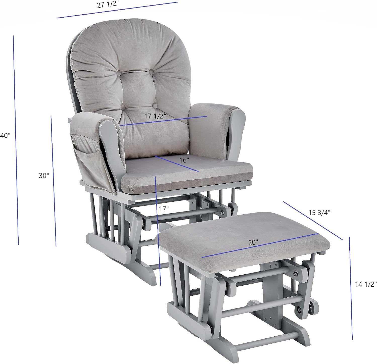 Penau Glider and Ottoman, Button Tufted Gray, Wood Fabric | Nursery Glider And Ottoman Set, Soft Quiet Motion, Button Tufted Back, Side Pocket, Cozy Bonding Spot