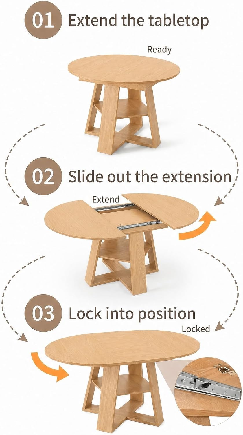 5 Piece Round Extendable Dining Table Set for 4, 43"-59" Natural Wood Oval Expanding Kitchen Table with 4 French Upholstered Chairs, Space Saving Extendable Dining Room Tables with Storage Shelf
