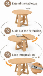 5 Piece Round Extendable Dining Table Set for 4, 43"-59" Natural Wood Oval Expanding Kitchen Table with 4 French Upholstered Chairs, Space Saving Extendable Dining Room Tables with Storage Shelf