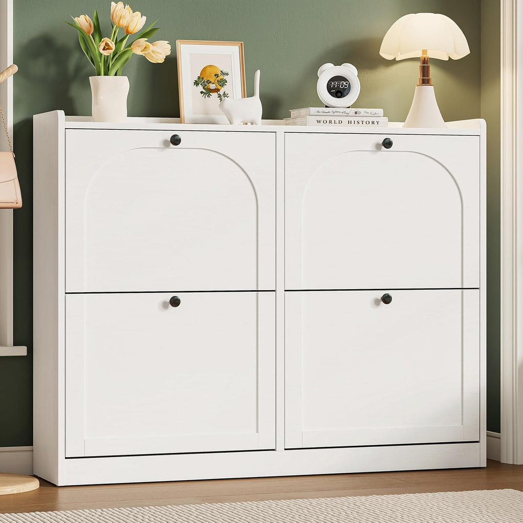 ONBRILL Shoe Cabinet with 4 Flip Drawers, Freestanding Ultra Slim Hidden Shoe Organizer with Classic Arched Pattern, 16-24 Pairs Shoe Storage Cabinet for Entryway Hallway Living Room (White)