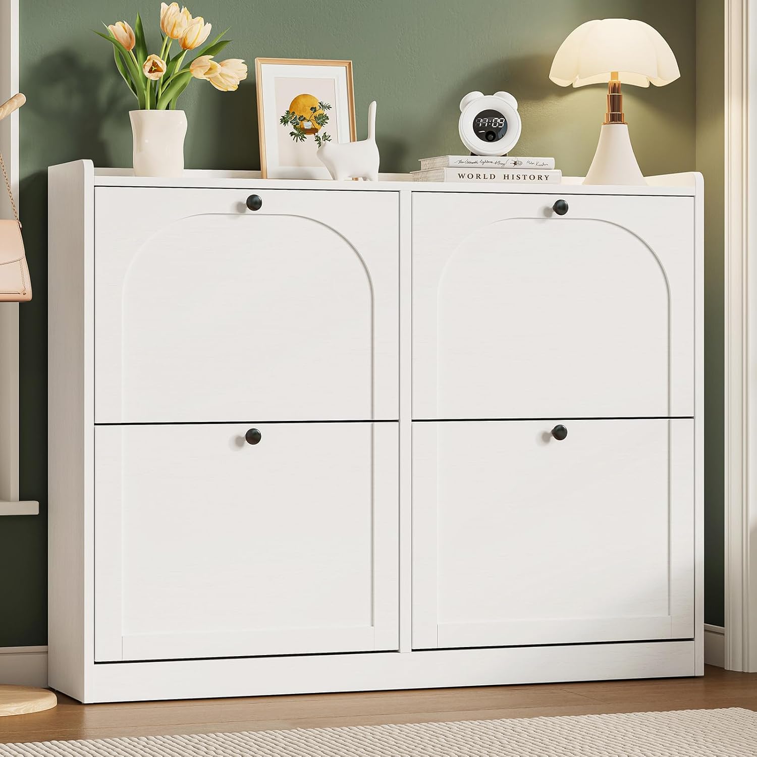 ONBRILL Shoe Cabinet with 4 Flip Drawers, Freestanding Ultra Slim Hidden Shoe Organizer with Classic Arched Pattern, 16-24 Pairs Shoe Storage Cabinet for Entryway Hallway Living Room (White)