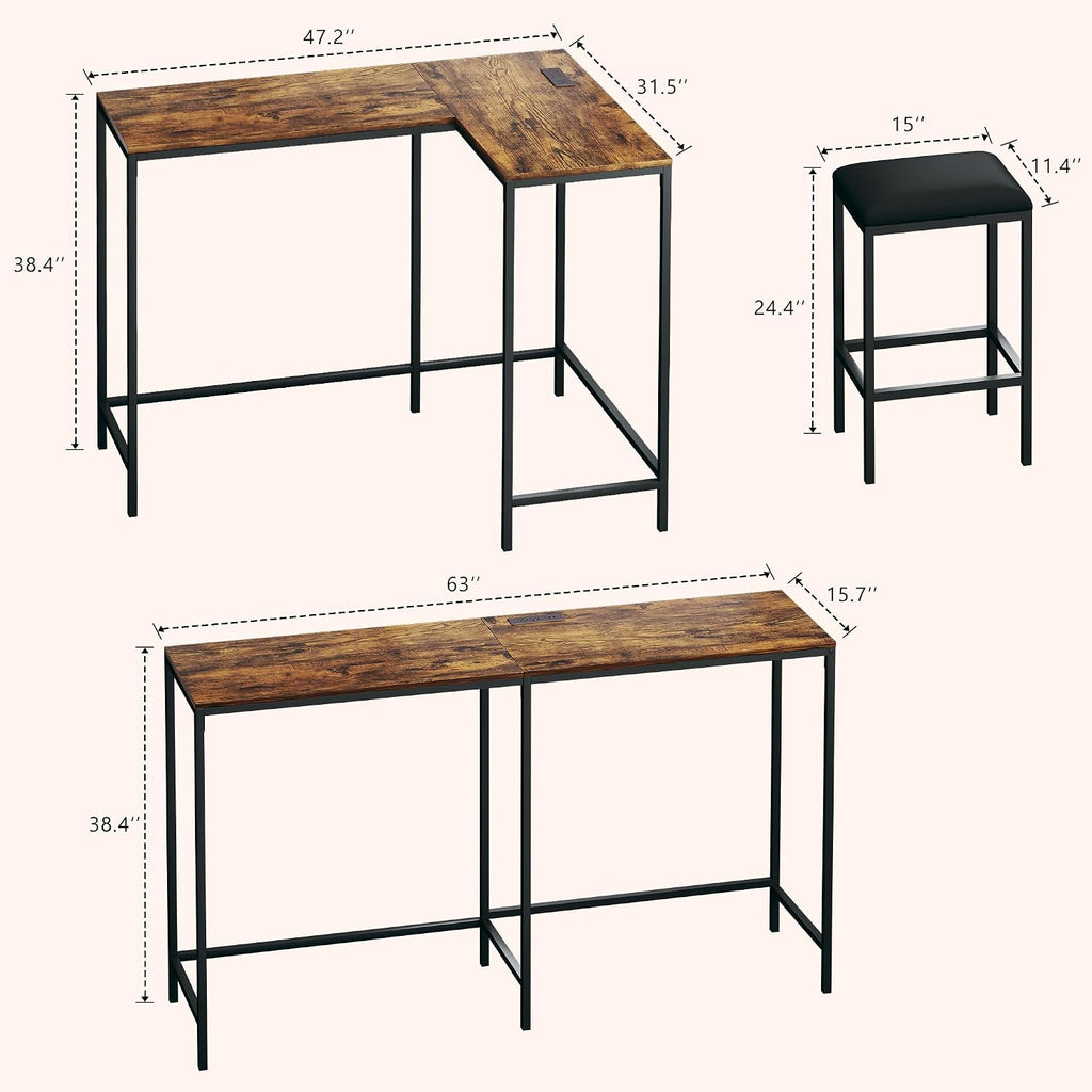 L Shaped Bar Table with Stools, 63‘’ Bar Height Table with Power Outlets, Convertible Corner Counter Height Bar Table with 2 Stools, Rectangular High Top Table for Small Spaces, Breakfast Nook, Rustic