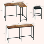 L Shaped Bar Table with Stools, 63‘’ Bar Height Table with Power Outlets, Convertible Corner Counter Height Bar Table with 2 Stools, Rectangular High Top Table for Small Spaces, Breakfast Nook, Rustic