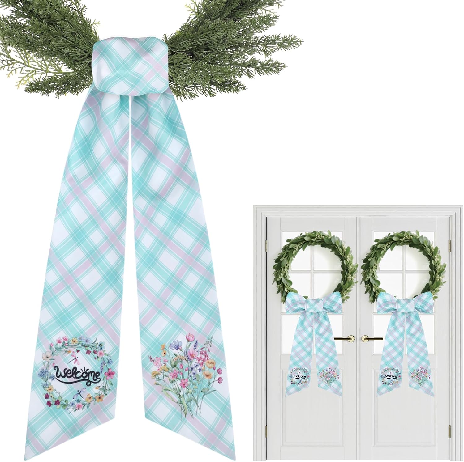Spring Wreath Sash for Front Door - 2 Pcs Plaid Welcom Wreath Sashes with Flowers for Farmhouse Home Decor, 60 Inch Rustic Green Pink Wreaths Sash for Doorway Yard Indoor Outdoor