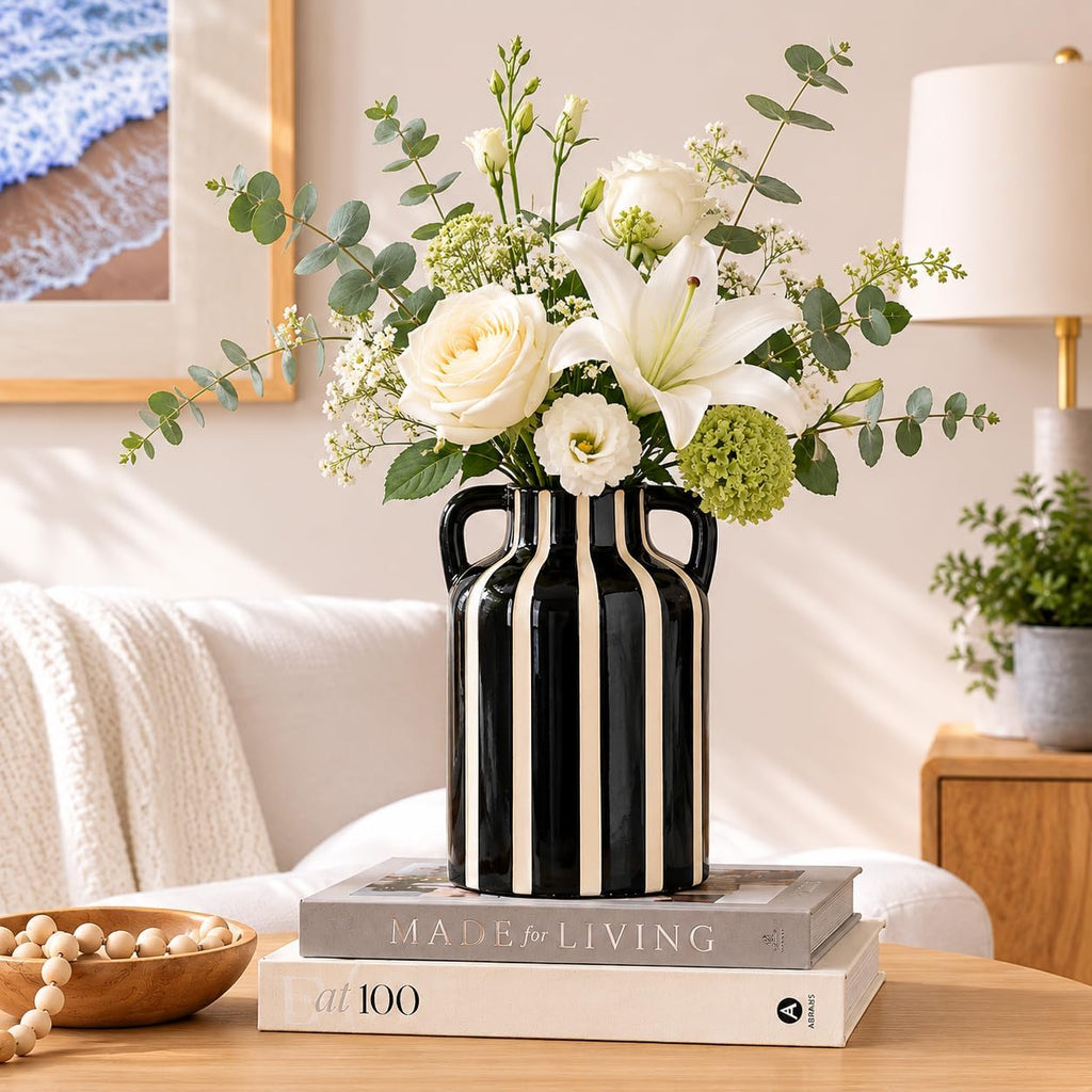 SURE YUESI Black Ceramic Vase with Handles, Modern Farmhouse Striped Decorative Vase, 9.1" Art Deco Tall Flower Vases for Pampas Grass, Shelf Decor, Dining Table Centerpiece, Living Room Home Decor