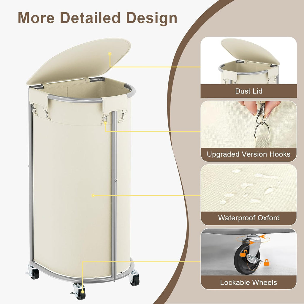 Rolling Laundry Basket with Lid, 100L Laundry Hamper with Wheels, Half Round Laundry Cart with Removable Bag, Sturdy Metal Frame Dirty Clothes Organizer for Bathroom, Bedroom, Beige