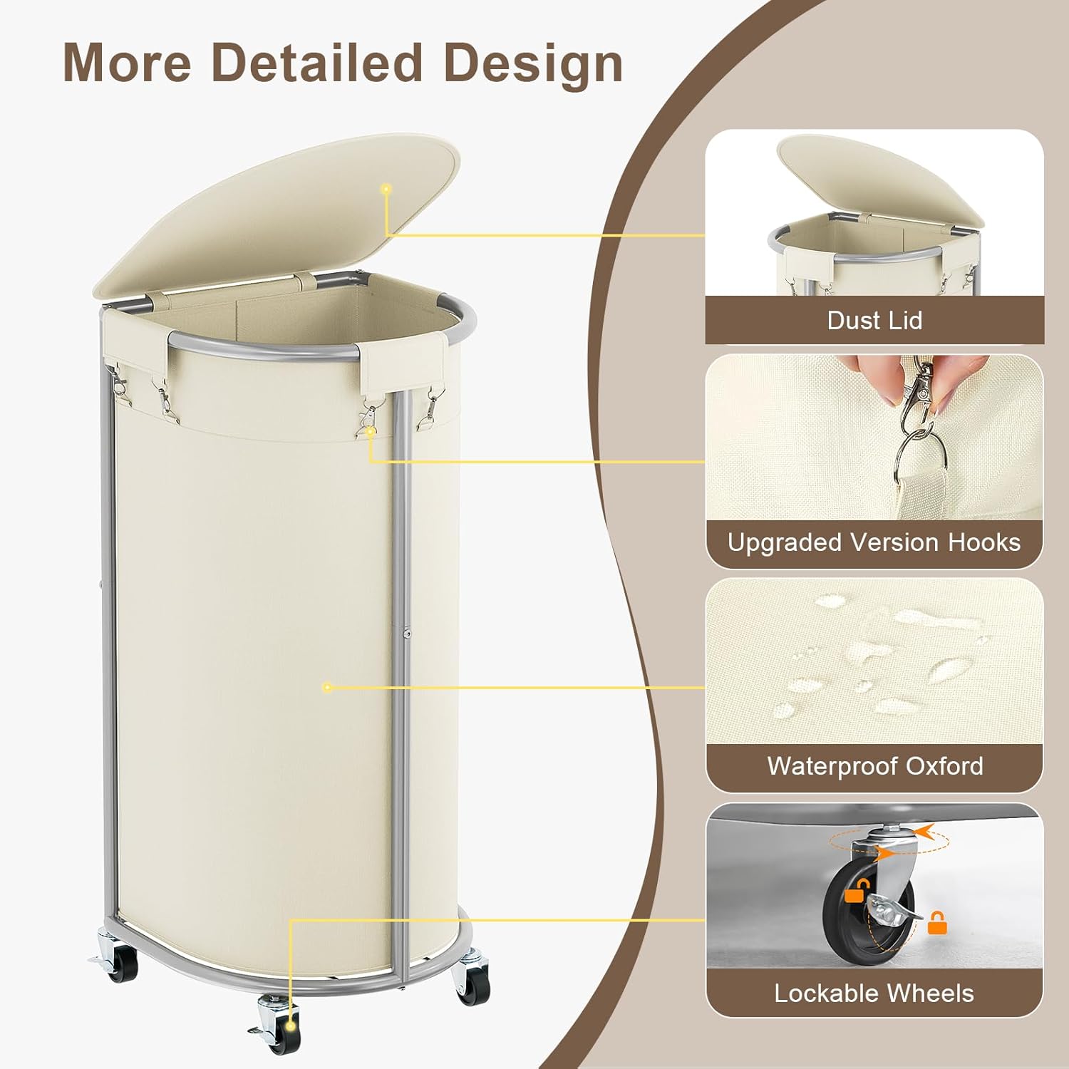 Rolling Laundry Basket with Lid, 100L Laundry Hamper with Wheels, Half Round Laundry Cart with Removable Bag, Sturdy Metal Frame Dirty Clothes Organizer for Bathroom, Bedroom, Beige