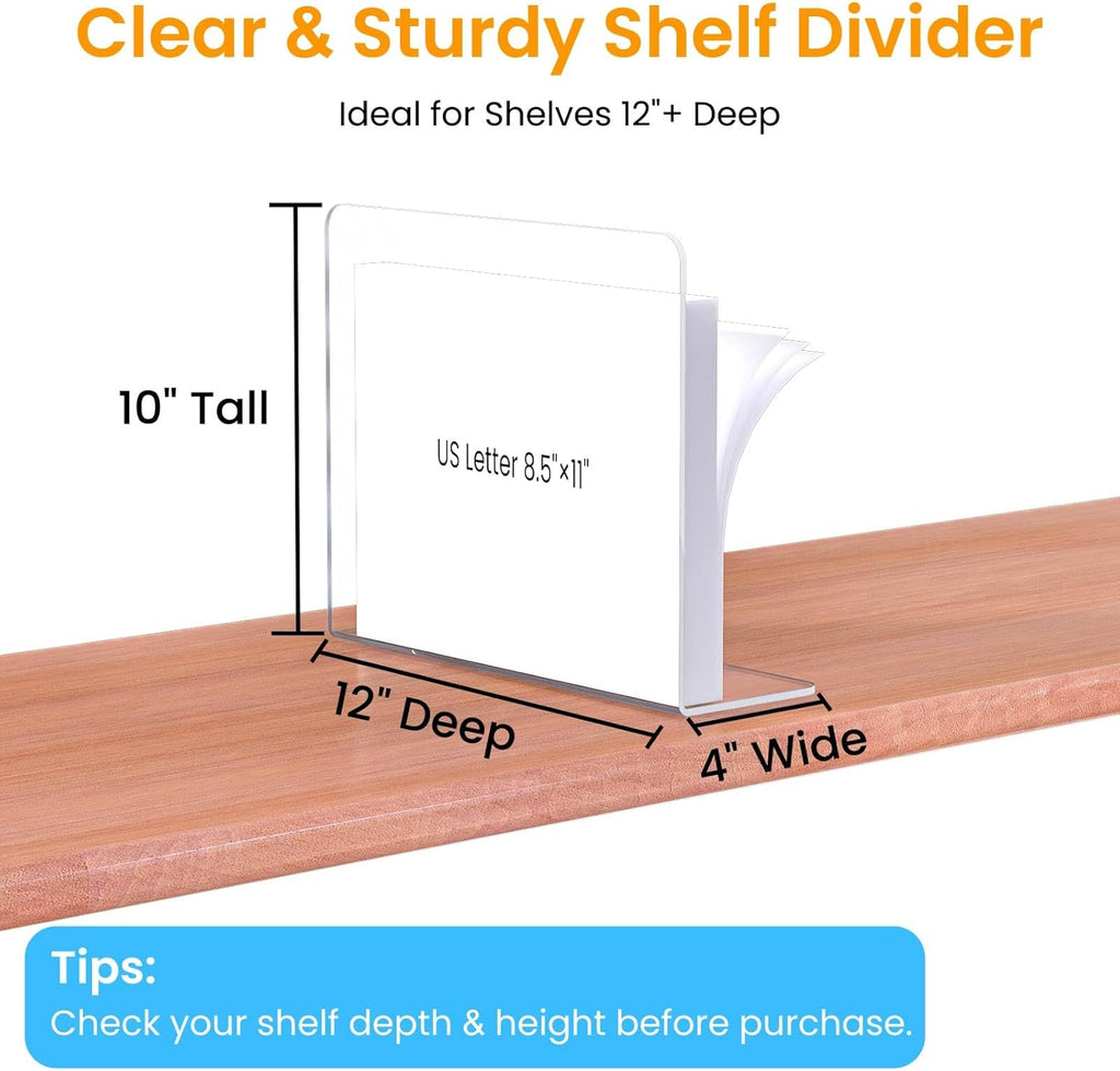 Shelf Dividers for Closet Organization – Acrylic Clear Sturdy Dividers to Keep Clothes, Sweaters & Purses Upright, Free-Standing for Wood Shelves, 10" Tall x 12" Deep, 8 Pack