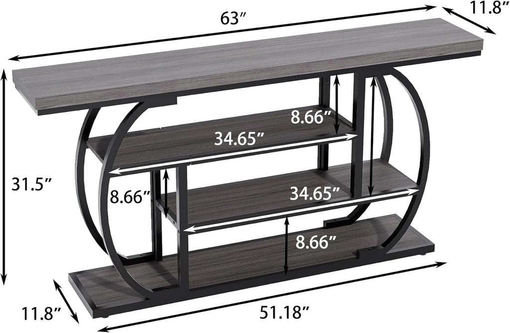 63” Industrial Console Table with 4-Tier Display Shelves, Narrow Long Sofa Table Behind Couch, Entryway/Hallway/Foyer Accent Table with Metal Frame for Living Room (Gray) (Grey)