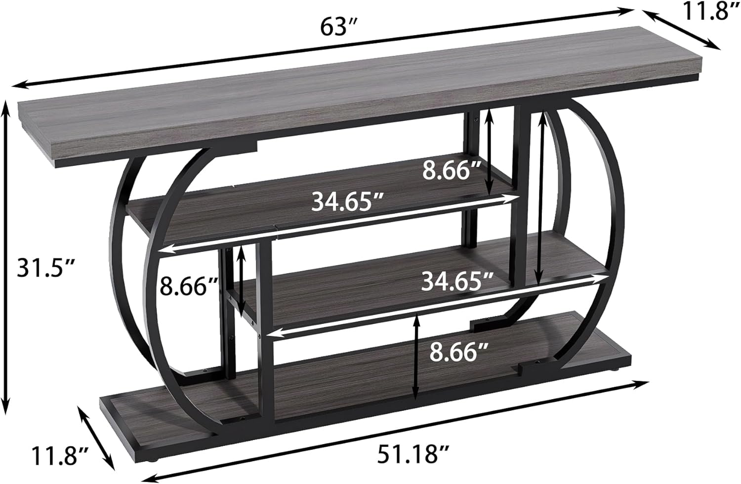 63” Industrial Console Table with 4-Tier Display Shelves, Narrow Long Sofa Table Behind Couch, Entryway/Hallway/Foyer Accent Table with Metal Frame for Living Room (Gray) (Grey)