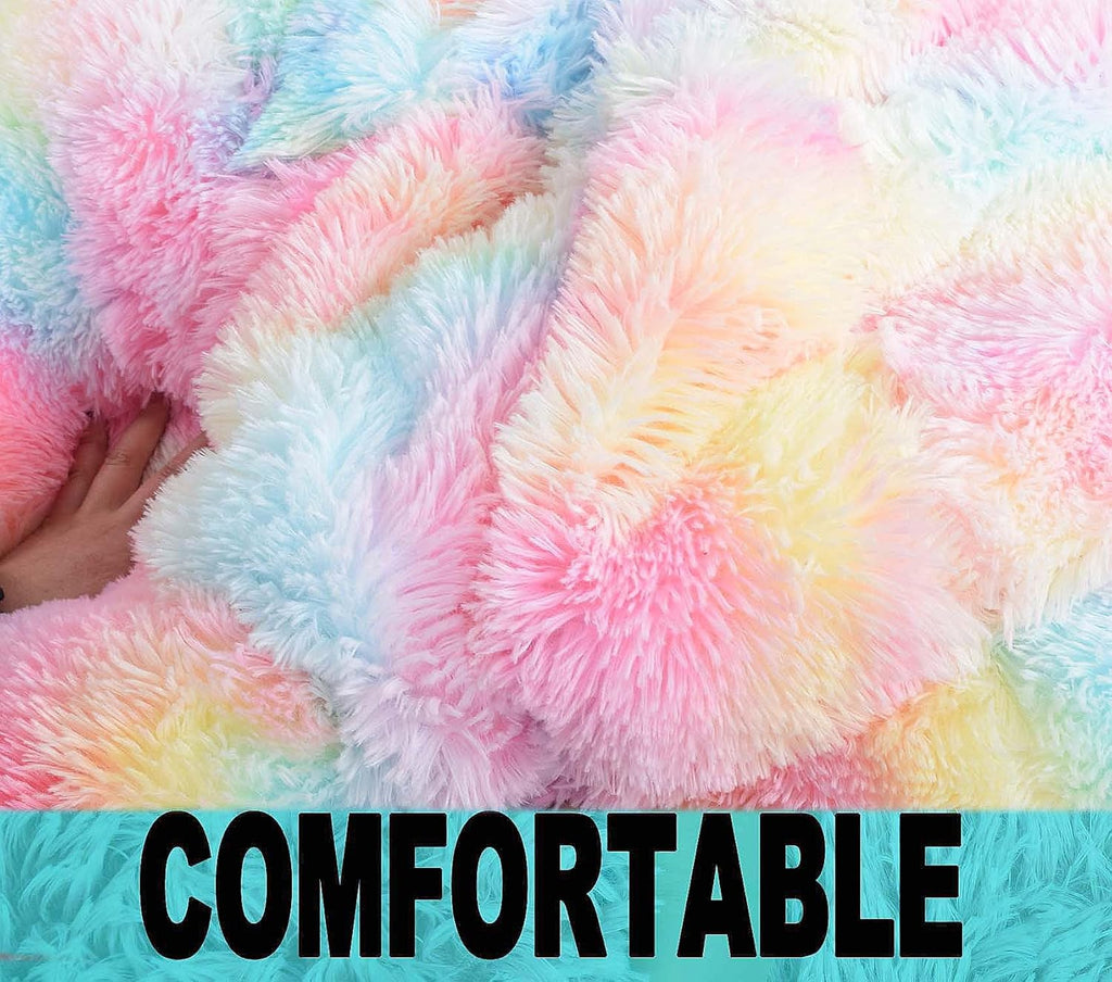 Fluffy Stuffed Animal Storage Bean Bag Chair Cover (No Filler), Faux Fur Comfy Bean Bag Cover for Organizing Plush Toys or Textile, for Adults Teens Kids Girls, Rainbow