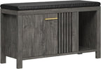 UNIQUITE 40" Shoe Storage Bench with Flip Drawers & Padded Seat Cushion, Open Compartments & Slatted Doors, Entryway Bench with Shoe Storage for Entryway, Hallway, Living Room, Bedroom, Oak Grey
