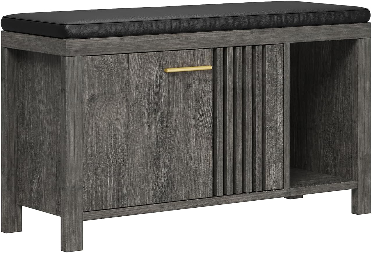 UNIQUITE 40" Shoe Storage Bench with Flip Drawers & Padded Seat Cushion, Open Compartments & Slatted Doors, Entryway Bench with Shoe Storage for Entryway, Hallway, Living Room, Bedroom, Oak Grey