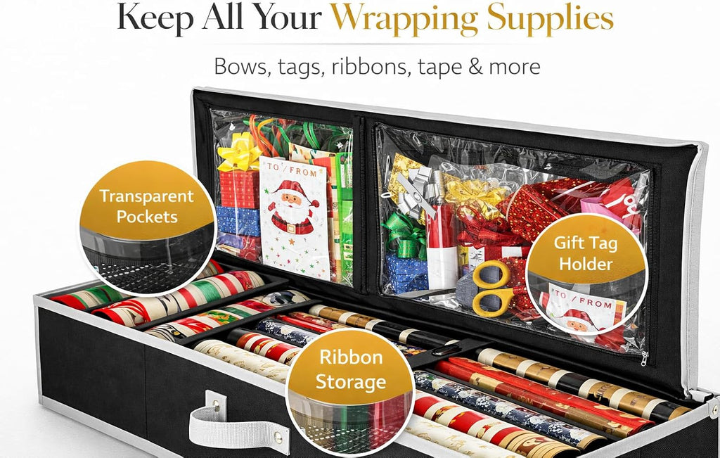 Wrapping Paper Storage Organizer – Under-Bed Gift Wrap & Ribbon Organizer Container (Fits up to 24 Rolls, 40″ × 14″ × 6″) Durable Fabric with Accessory Pockets & Adjustable Dividers