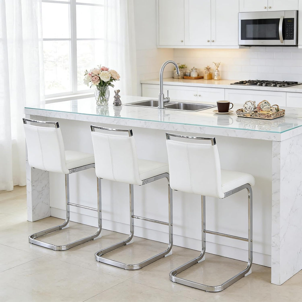 gopop Bar Stools Set of 3,Counter Height Bar Stools with Backs,White Barstools with Chrome Plated Metal Leg,Upholstered Leather Counter Stools Ideal for Kitchen Counter Dining Island Bar Pub