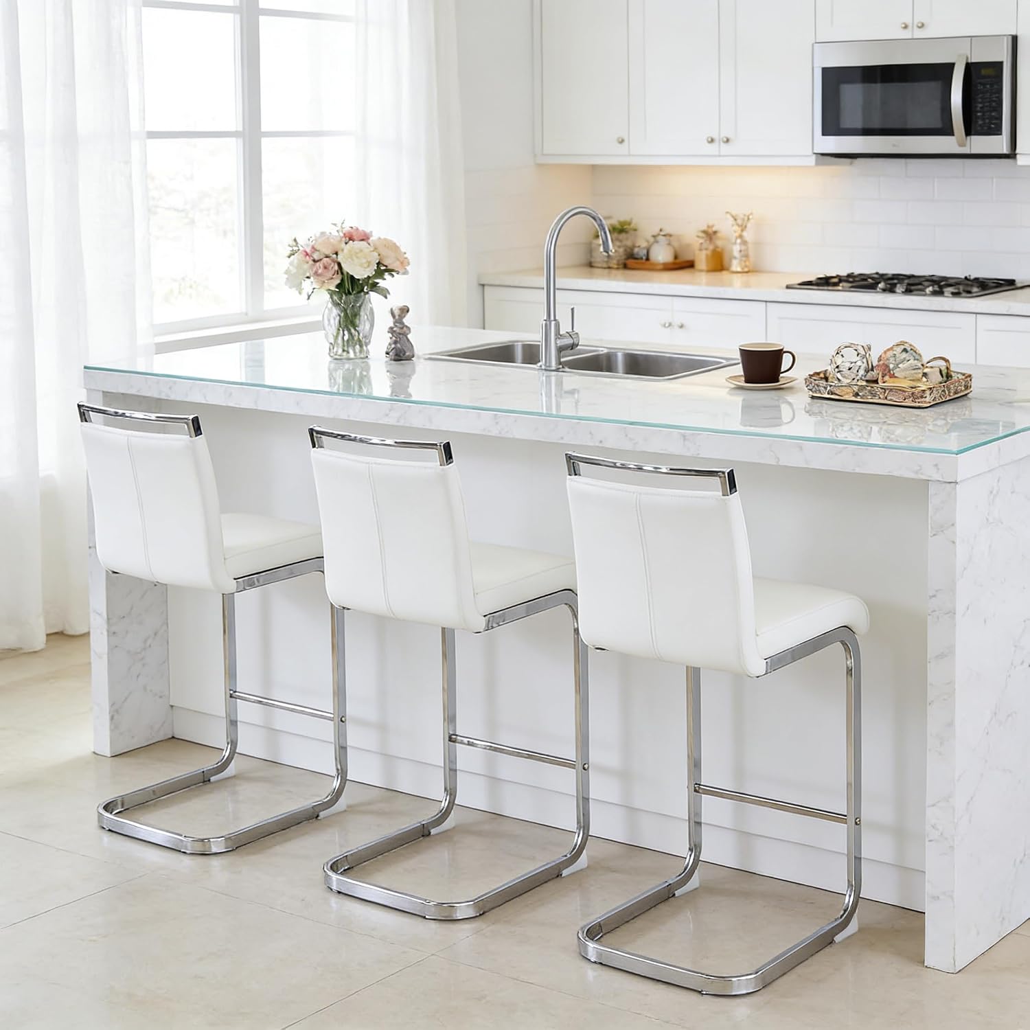 gopop Bar Stools Set of 3,Counter Height Bar Stools with Backs,White Barstools with Chrome Plated Metal Leg,Upholstered Leather Counter Stools Ideal for Kitchen Counter Dining Island Bar Pub
