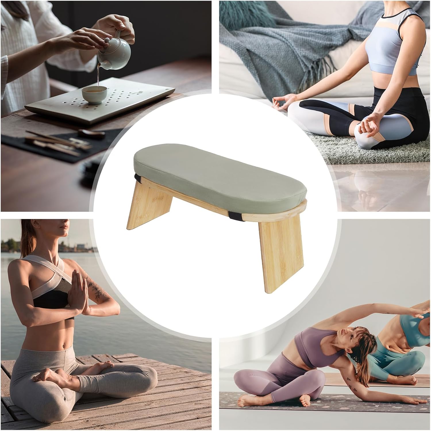 Bamboo Meditation Bench with Cushion, Folding Kneeling Meditation Bench, Portable Kneeling Chair for Kneeling or Sitting, 396.83lbs Load Max (Green)