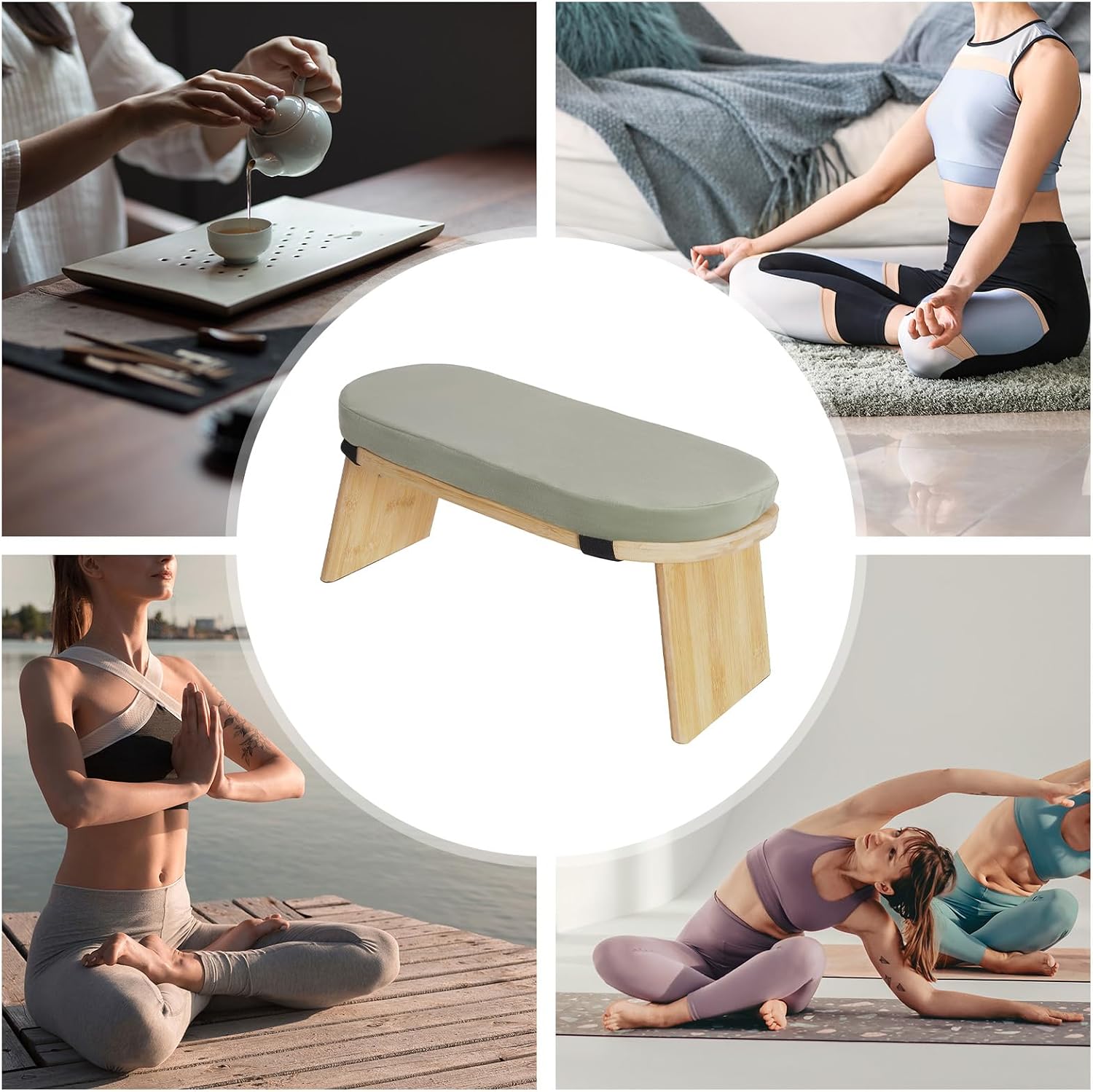 LOYALHEARTDY Meditation Bench - Bamboo Wood, Foldable Meditation Stool with Velvet Cushion Cover & Carrying Bag - Prayer Kneeler Chair for Yoga Or Sitting (Green)