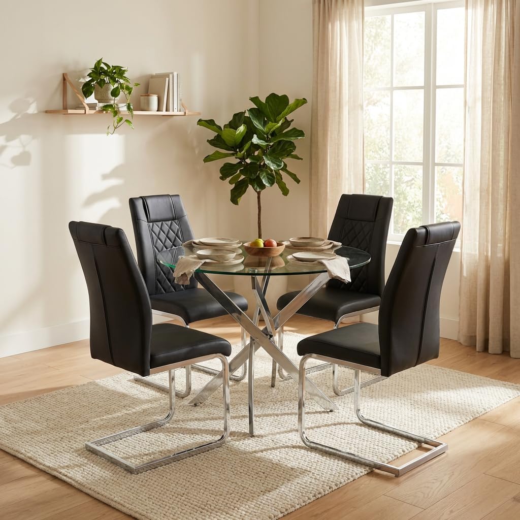 Round Glass Dining Table Set for 4, Modern Kitchen Table Chairs Set of 4, 35" Circle Glass Dinner Table with Silver Metal Legs, 4 Black Pu Leather Chairs, 5 Piece Dining Set for Small Space Apartment