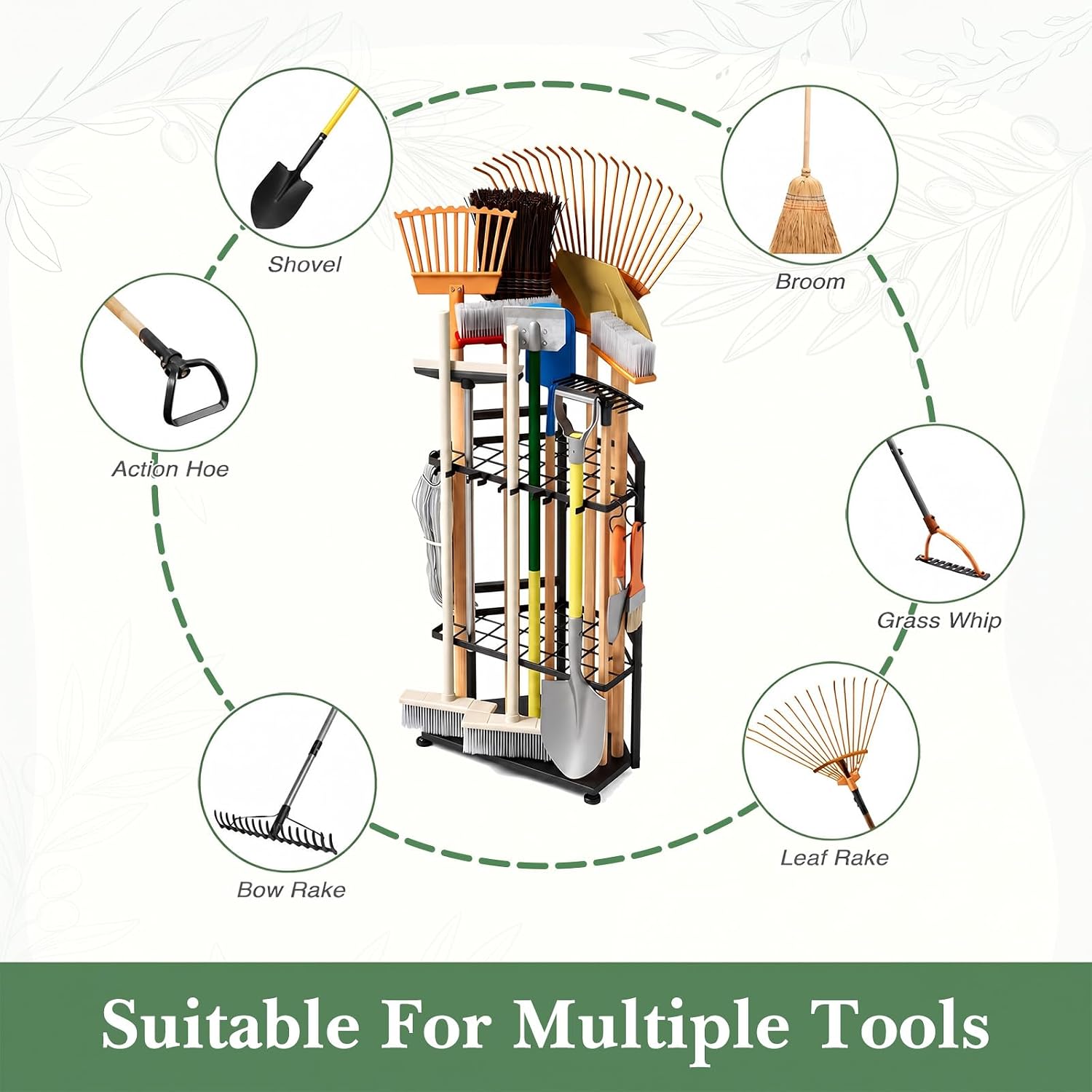 Faesun Garden Tool Organizer for Garage, Heavy Duty Garden Tool Storage Organizer with Secure Slots & Hooks, Freestanding Long Handle Tool Rack for Shovels, Rakes, Brooms, Garage, Shed & Yard