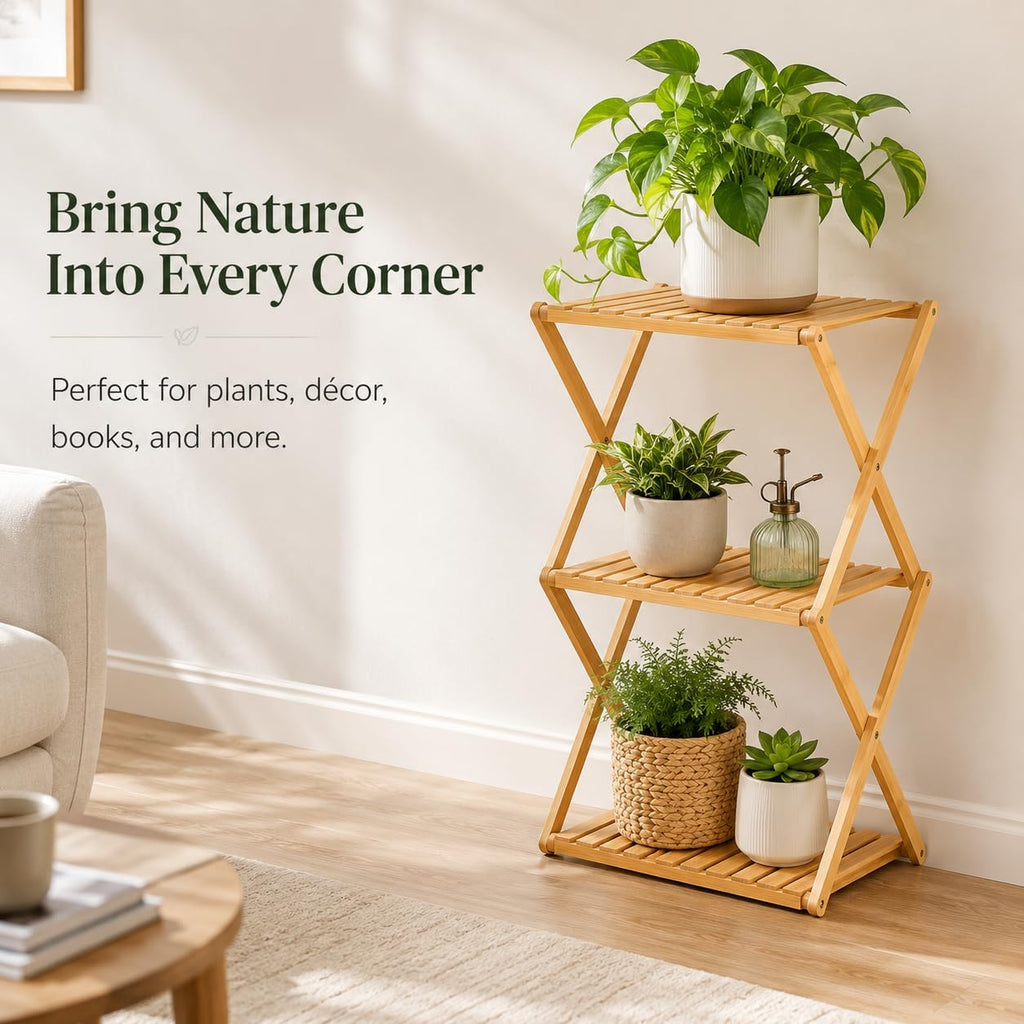 3-Tier Bamboo Folding Shelf, Multi-Purpose Storage Rack for Shoes, Plants, Camping Gear, Entryway, Closet, Bedroom, Hallway & Outdoor Use, Space-Saving Foldable Organizer