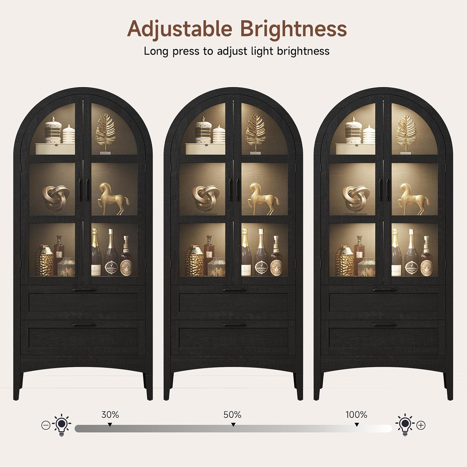 ONBRILL 71" Tall Arched Display Cabinet with LED Lights, Arched Kitchen Pantry with 2 Drawers, Modern Display Storage Cabinets with Adjustable Feet, Pantry Cabinet for Kitchen, Living/Dining Room