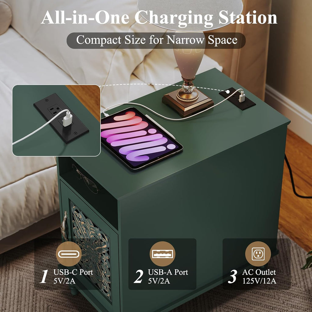 ARTPOWER Narrow Side Table with Charging Station Set of 2, Vintage Carved Door End Table with Storage for Small Spaces, Slim Bedside Table for Living Room, Bedroom, Green
