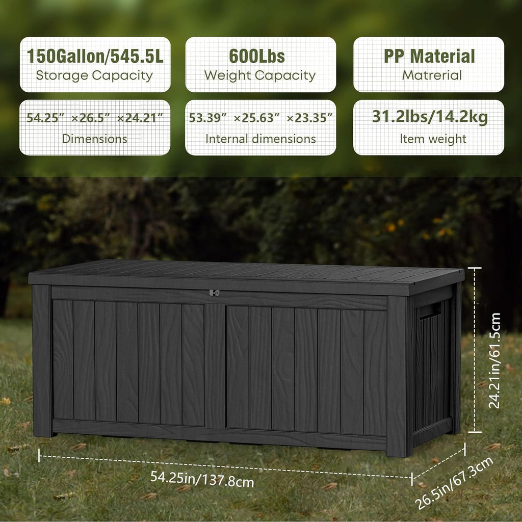 150 Gallon Deck Box Organizer, Doubles as 2-Person Bench Seat, Black Large Resin Outdoor Storage and Seating with Lockable Lid for Garden, Pool, and Patio