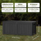 150 Gallon Deck Box Organizer, Doubles as 2-Person Bench Seat, Black Large Resin Outdoor Storage and Seating with Lockable Lid for Garden, Pool, and Patio