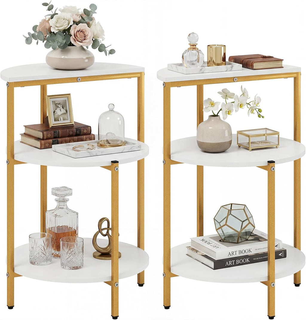 Giantex 3-Tier Round Side Table Set of 2, Wood Bedside Sofa End Table with Storage Shelves & Metal Frame, Modern Slim Night Stand for Bedroom Living Room Entryway Small Spaces, White & Gold