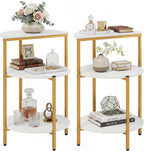 Giantex 3-Tier Round Side Table Set of 2, Wood Bedside Sofa End Table with Storage Shelves & Metal Frame, Modern Slim Night Stand for Bedroom Living Room Entryway Small Spaces, White & Gold
