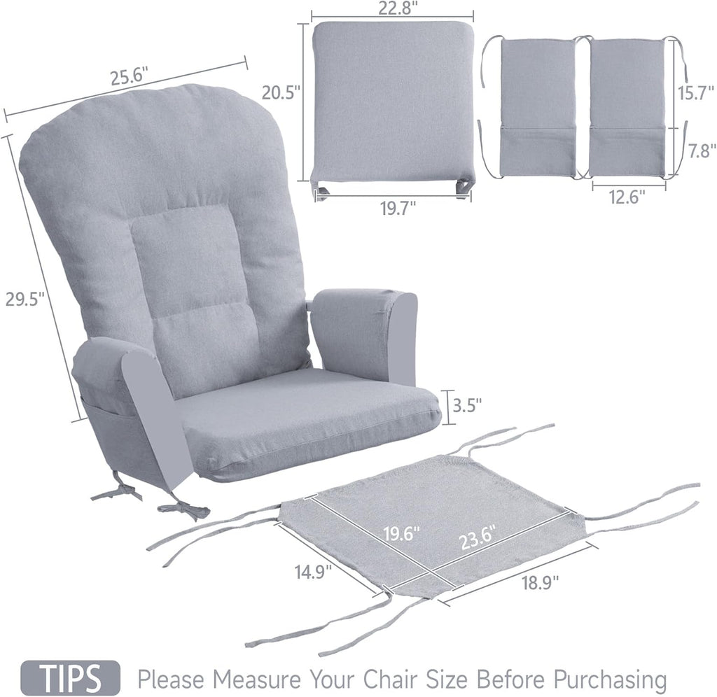 Boshen 5PCS Glider Rocker Replacement Cushions with Ottoman Cover, 3.5" Thick High Back Rocking Chair Cushion Set with Side Pockets for Indoor Nursery Glider Chair, Washable and Non Slip, Grsy