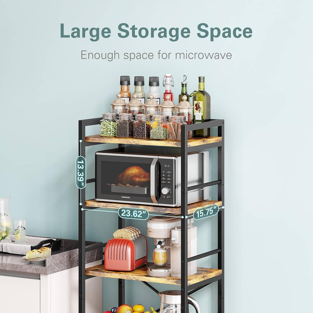 Denkee 5-Tier Bakers Rack for Kitchen with Storage, Industrial Microwave Stand Shelf, Coffee Bar for Small Spaces, Free Standing Kitchen Storage Shelf Rack, 23.7" L x 15.8" W x 60.3" H