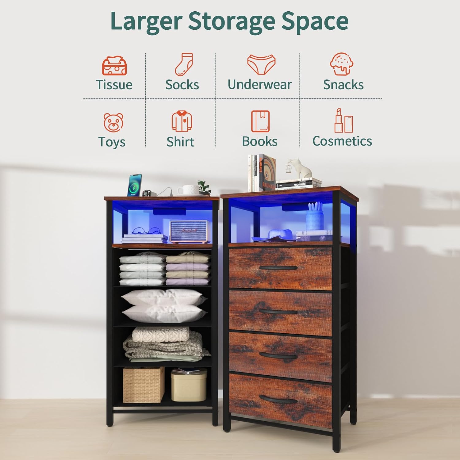 Yoobure Night Stand - LED Rustic Nightstand with Charging Station for Dorm | Bedside Table with 4 Storage Drawers and Storage Shelf, End Table with USB Ports and Outlets, Tall Nightstand for Bedroom